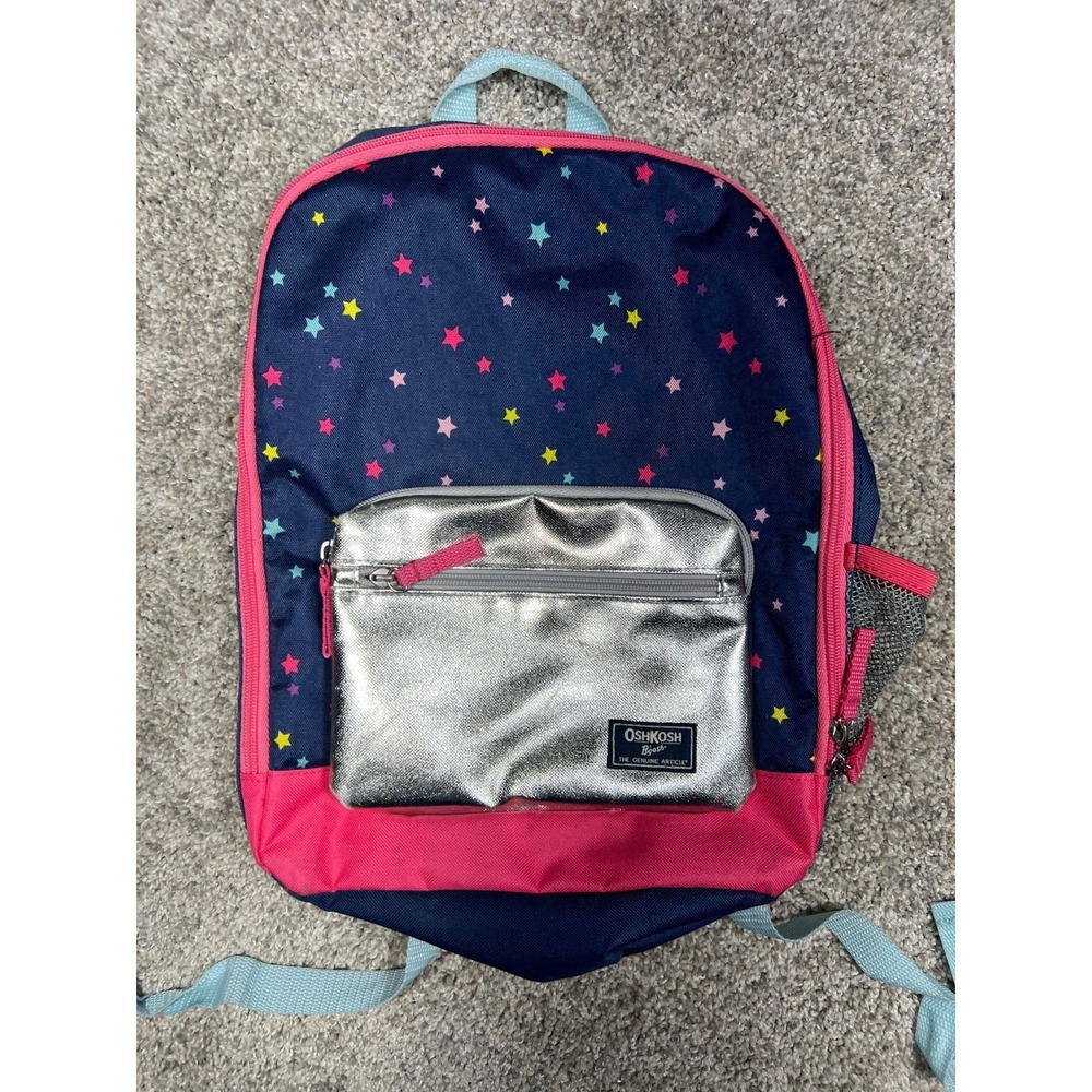 Vtg OshKosh Bgosh Kids Backpack Navy Blue Pink Star Print Metallic Silver Pocket